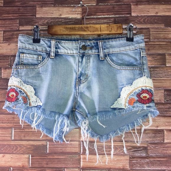 Others Follow Pants - Others Follow Women Denim Cut Off Flower Embroidered Crochet Blue Jean Size 26
